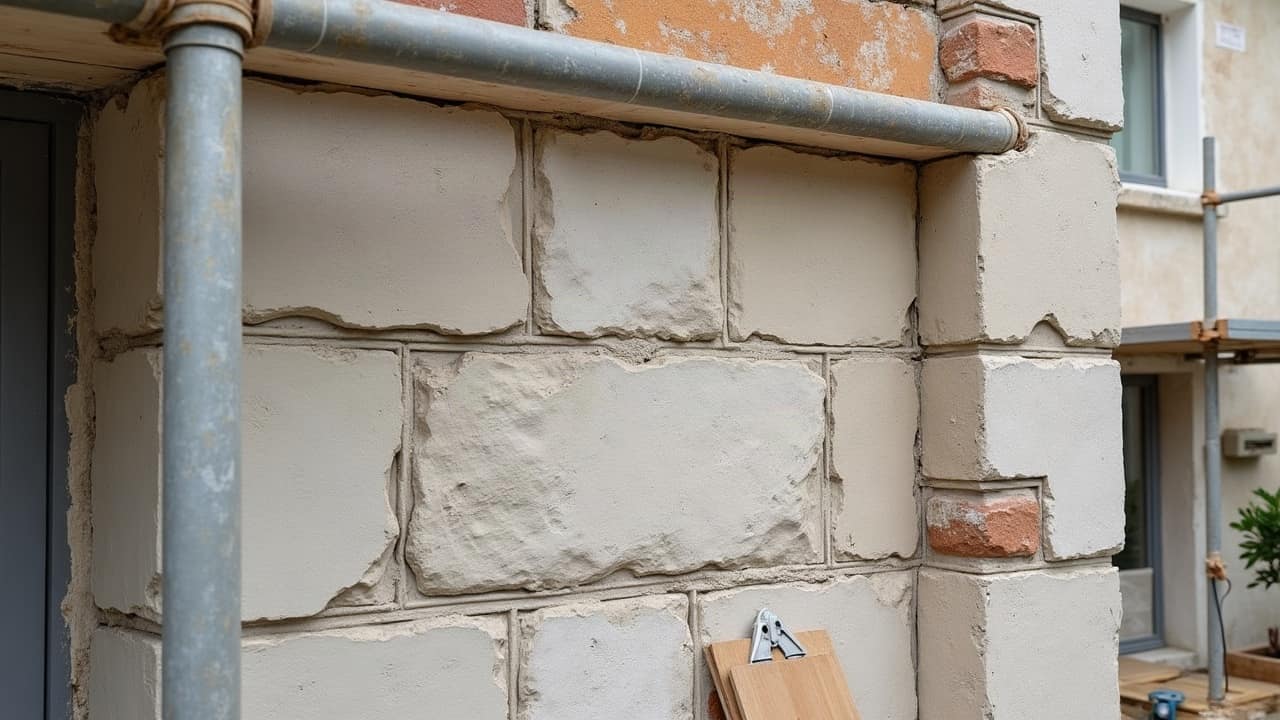 Joint de chaux fraîchement posé entre deux moellons de pierre calcaire, texture légèrement granuleuse et teinte claire