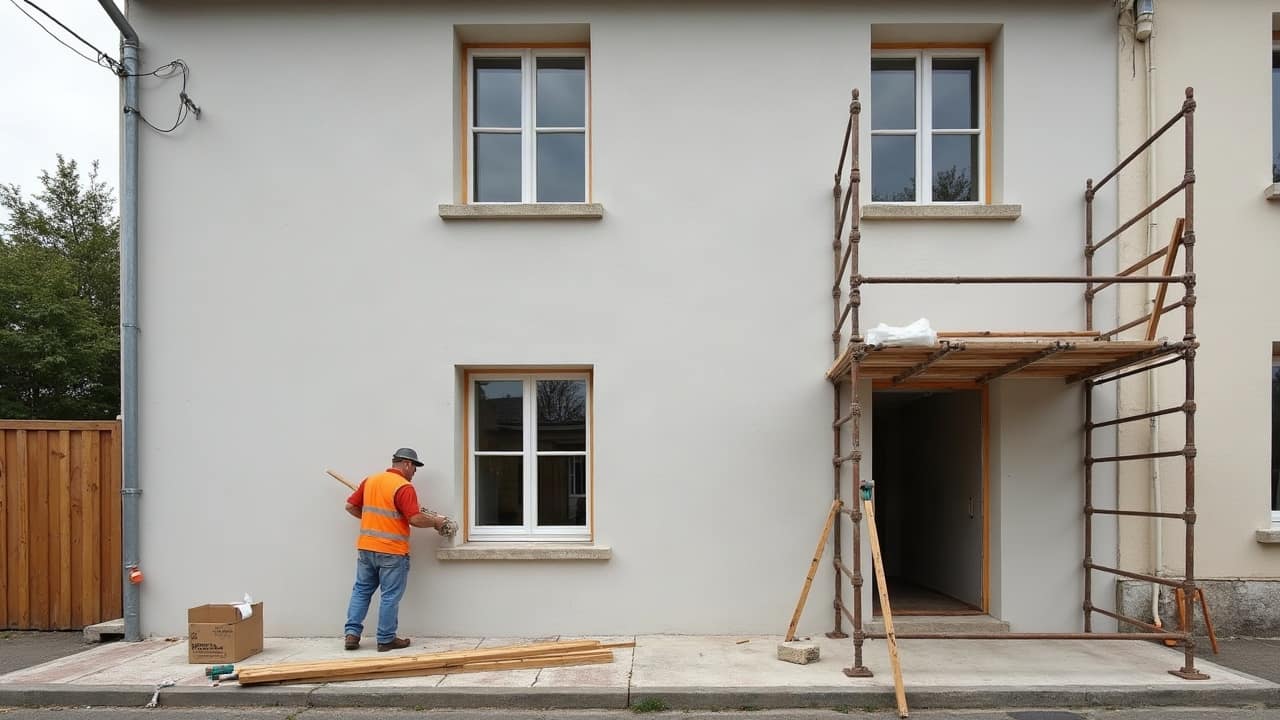 Applicateur passant une nouvelle couche de peinture au rouleau sur un enduit sain de façade en périphérie de Saint-Florentin