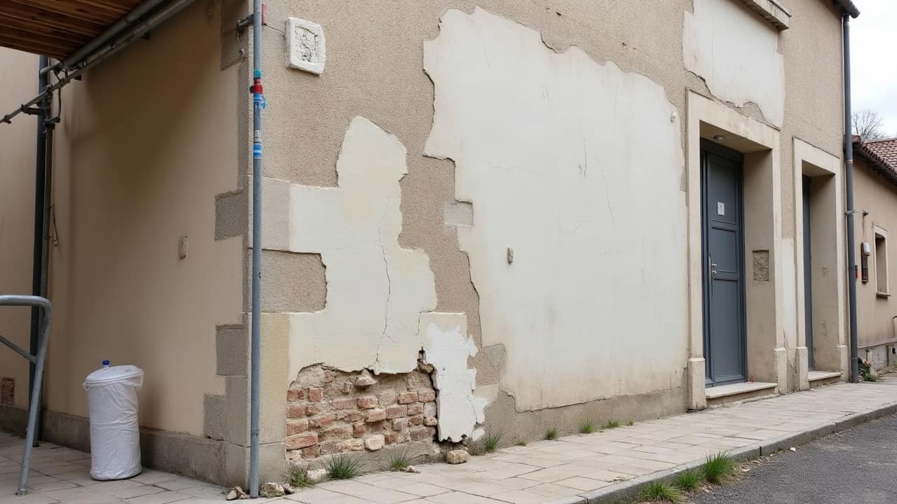 Angle d'un bâtiment ancien présentant une fissure oblique traversant le soubassement en pierre jusqu'à l'enduit de façade