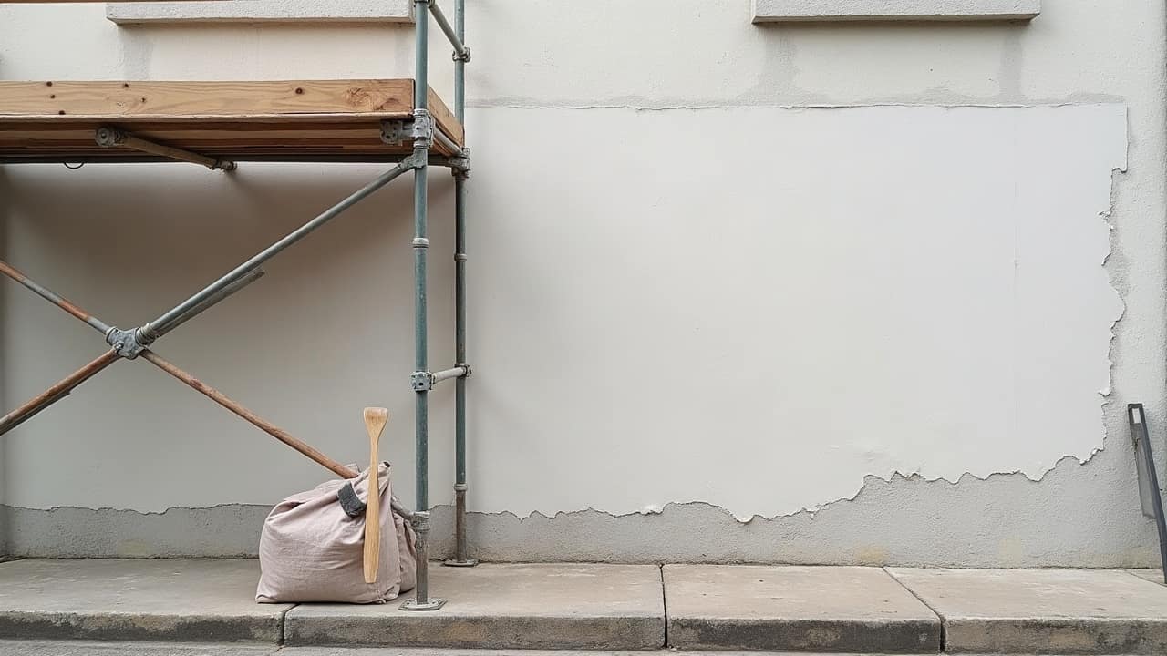 Façade partiellement recouverte d'une bâche de protection pendant le séchage d'un enduit fraîchement appliqué