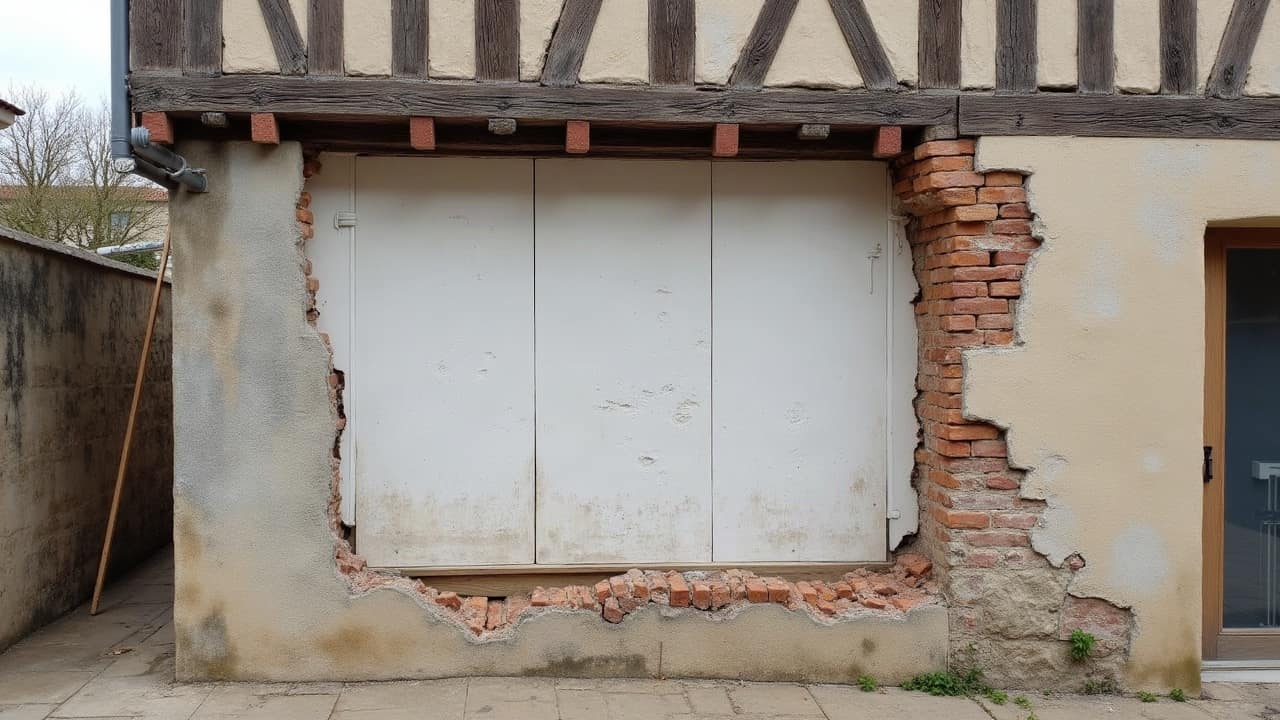 Vue rapprochée d'un socle en pierre de maison à colombages avec une remontée d'humidité visible sur les premières assises
