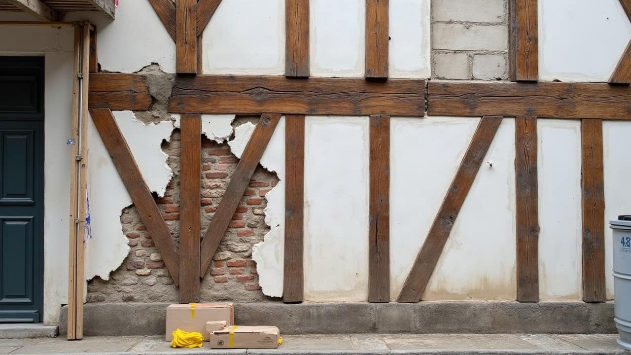 Détail d'un lattis de bois fin exposé après le dégagement d'un panneau de torchis dégradé entre deux colombages