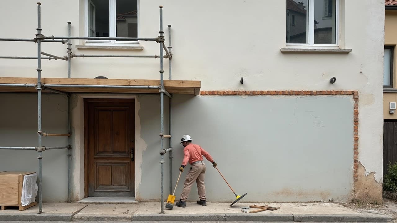 Façade orientée au nord d'une maison de Vermenton où des traces vertes réapparaissent en surface le long d'une zone ombragée